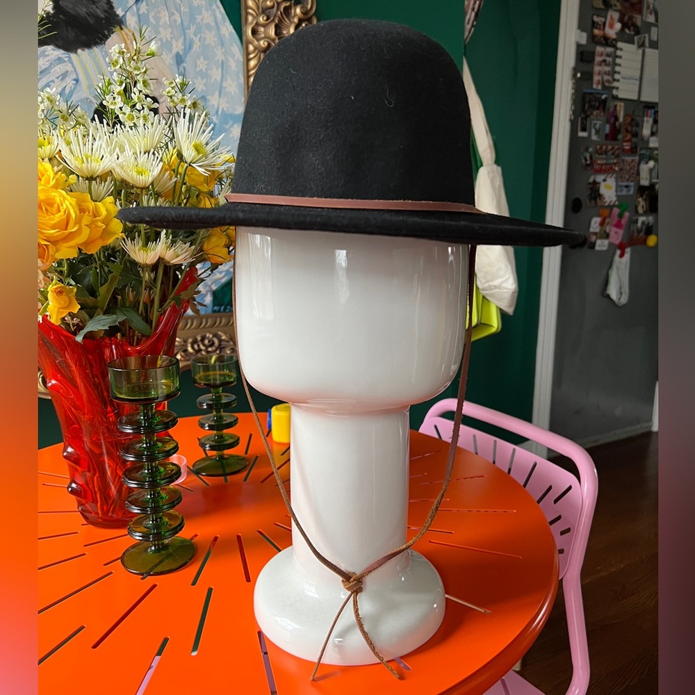 Black Wide-Brim Hat with Brown Leather Band